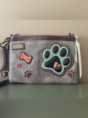 CHALA Dog Lovers Paw Print Small Crossbody Purse w/Convertible Strap GREY NWT